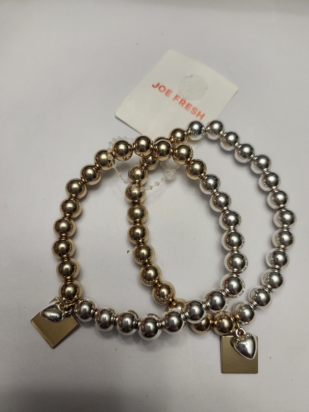 Joe Fresh Gold & Silver Beaded Bracelet Duo with Heart and Square Charms